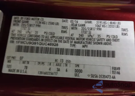 2016 Ford Escape Se из США, поврежденный, VIN 1FMCU9G91GUC48928